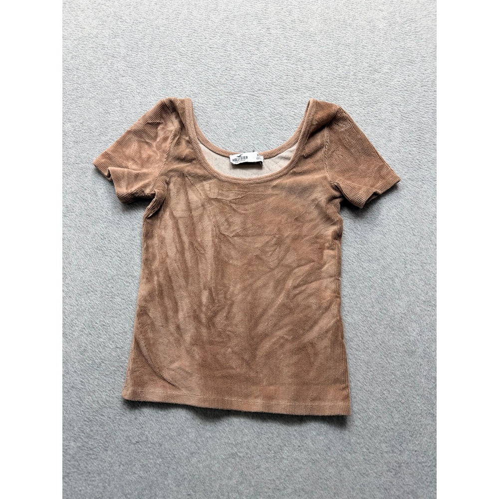 Hollister Womens Ribbed Corduroy Scoop Neck Short Sleeve Top Tan XS